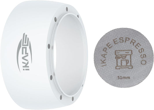 IKAPE Magnetic Dosing Funnel Set, 51MM Espresso Dosing Ring & Puck Screen Kit Compatible with Delonghi 51MM Bottomless Portafilter - with 8 Small Magnet (White)