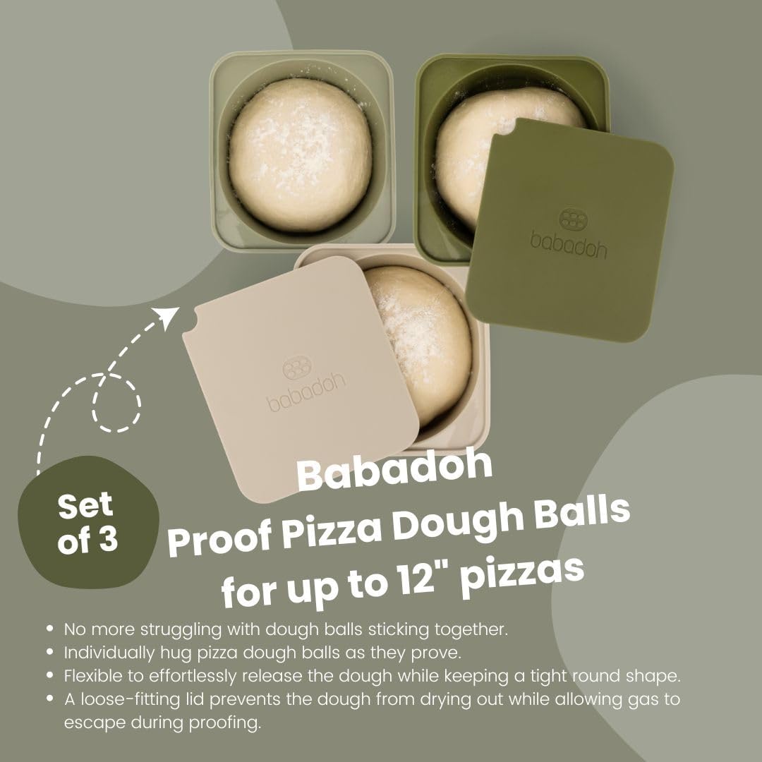 Babadoh Pizza Making Accessories | Pizza Dough Proofing Containers with Lids | Set of 3 | Multi Green (1 Dough, 1 Olive, 1 Sage) | Original Size (make 12" Pizzas)