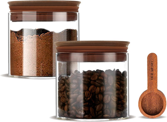 500ml Glass Coffee Canister with Wooden Lids and Scoop, Kitchen Coffee Container Set of 2 Hold Up to Total 12 oz of Coffee Bean, Airtight Food Storge Jars for Ground Coffee Bar Cereal Snack