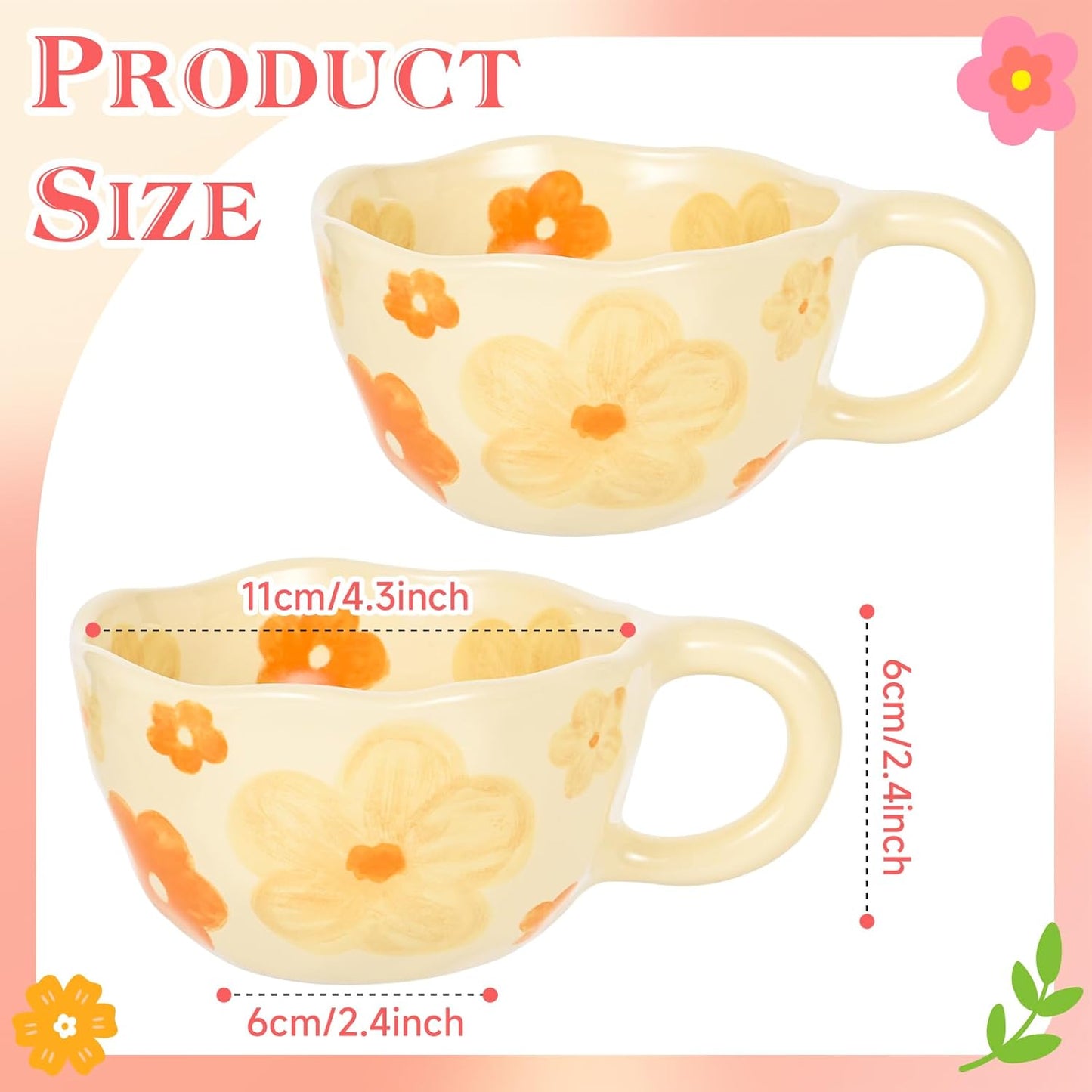Ceramic Coffee Mug Set of 2 Vintage Flower Mugs 8 oz Cute Floral Coffee Mugs Irregular Latte Art Cup Lead-free Porcelain Cups for Cappuccino, Cocoa (2 Orange Flower)