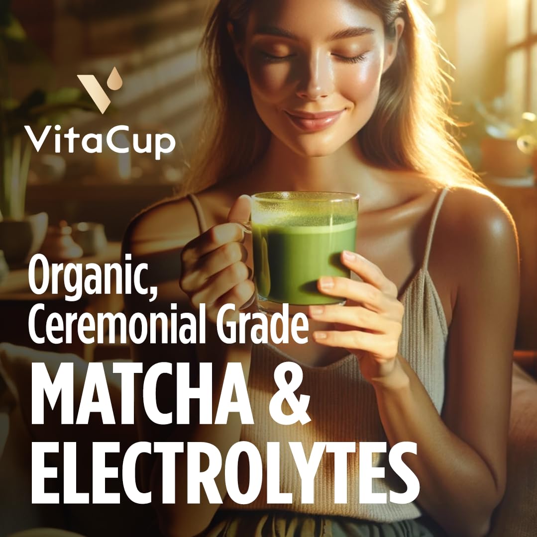 VitaCup Hydration Matcha Instant Packets, for Natural Energy and Detox, w/Electrolytes, Ceremonial Grade Organic Matcha, Coconut Water, Pink Himalayan Salt, Magnesium, in Single Serve Sticks, 40 Ct