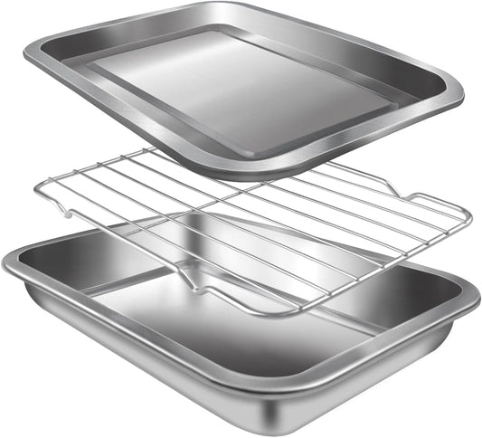 Sheet Pan with Cooling Rack Set [2 Baking Sheets + 1 Baking Rack], Stainless Steel Cookie Sheets for Baking and Wire Rack, Warp Resistant, Heavy Duty, Rust Free, Size 12.4 x 8.46 x 1.77 Inch