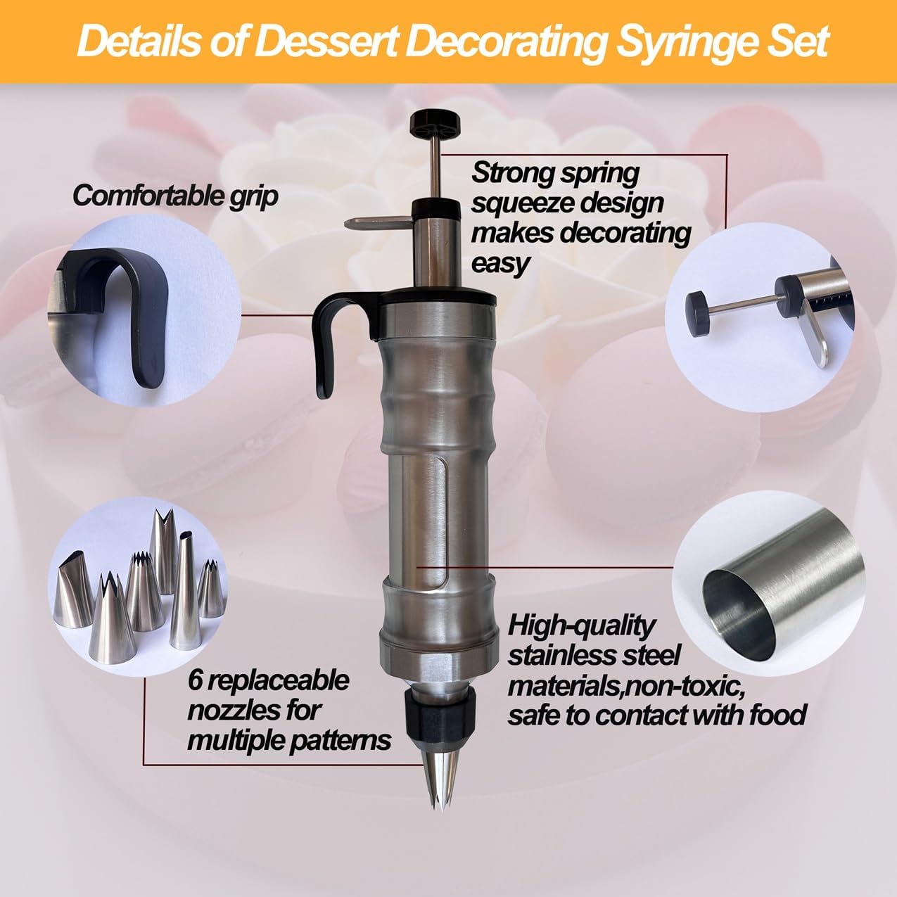 Dessert Decorating Piping Syringe Set Cake Decorating Tool Cookie Gun Press,Icing Decoration Gun,Frosting Piping Kit 6 Piping Icing Nozzles for Baking,Decorating Cupcake,Deviled Eggs (Silver & Black)