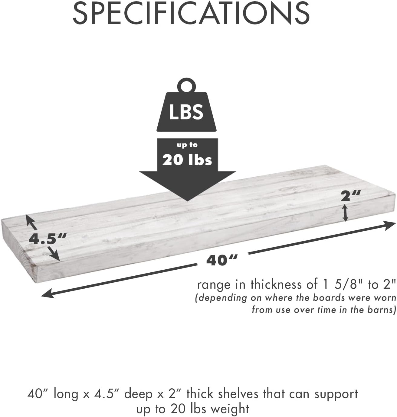 Urban Legacy Reclaimed Barnwood Planks | Floating Shelves for Wall w/Flush Mount Shelf Bracket Set Included | Set of 2 (White Wash, 30"x 4.5"x 2")