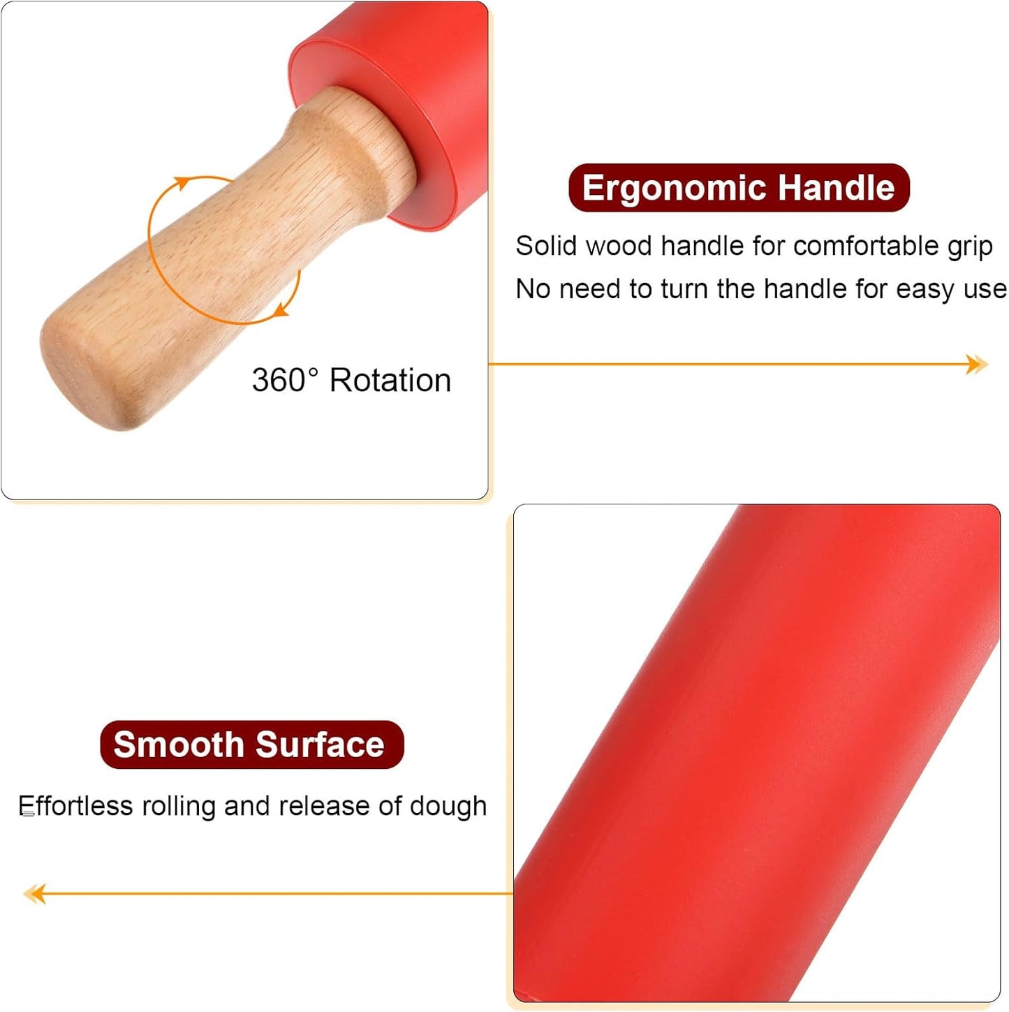 HARFINGTON Silicone Rolling Pins for Baking 15 Inch Wooden Handle Non Stick Rolling Pin Small Roller Playdough Rolling Pins for Dough Pizza Pastry Fondant Kitchen, Red