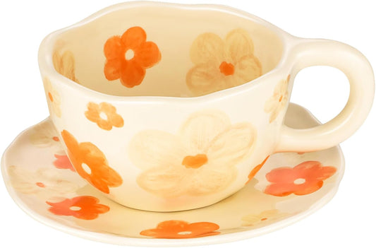 Cappuccino Cups with Saucers 8 oz Latte Art Cup Ceramics Coffee Mugs Irregular Aesthetic Flower Cups for Espresso, Double Shot, Americano, Latte, Tea - Microwave and Dishwasher Safe (Orange Flowers)