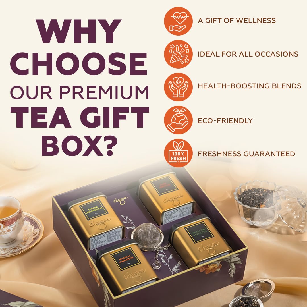 CHAYAM Tea Tranquility Gift Box – 4 Premium Loose Leaf Teas + Stainless Steel Infuser – Wellness Tea Gift – Green, Masala, Kahwa, Ginger Lemongrass – 125+ Cups / 8.82 oz