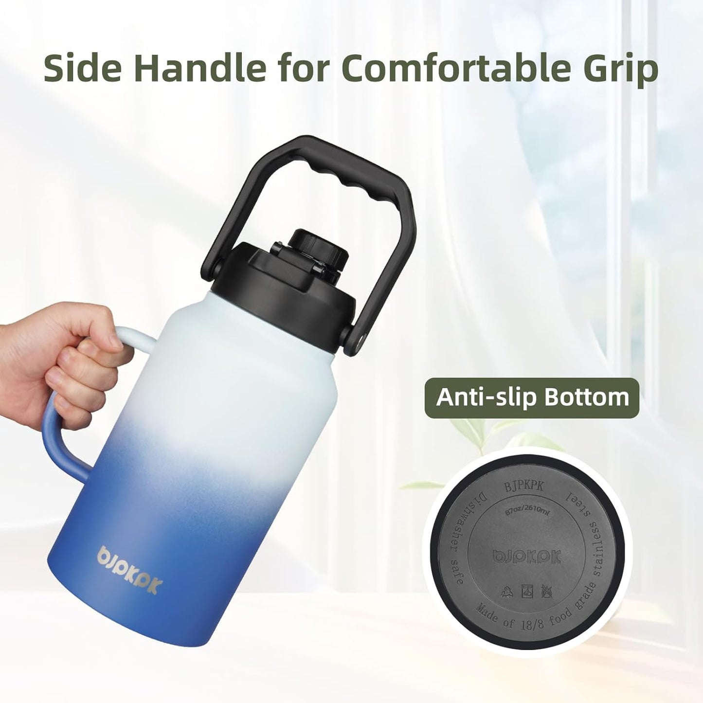 BJPKPK 87oz Insulated Water Bottle with Handle, Large Dishwasher Safe 2/3 Gallon Water Bottle, BPA Free Water Jug, Wide Mouth Metal Water Bottle with Anti-slip Bottom, Keep Cold & Hot,Sky
