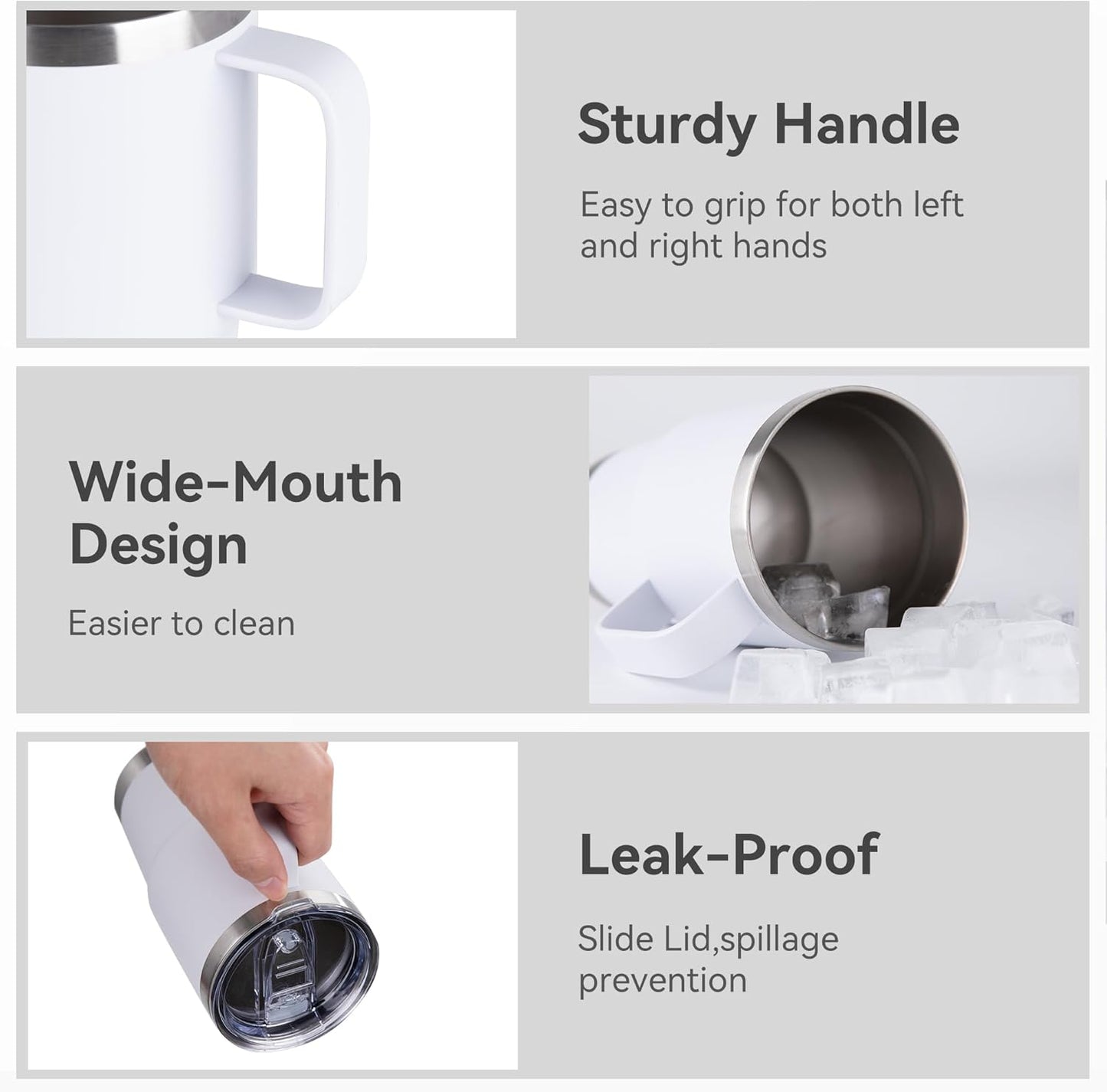 20oz Tumbler with Handle & Lid, Insulated Stainless Steel Travel Mug, Leakproof Cup for Coffee & Tea, BPA-Free Double-Wall Vacuum Tumblers for Hot/Cold Drinks, Commuter, Gym, Office, White 1 Pack