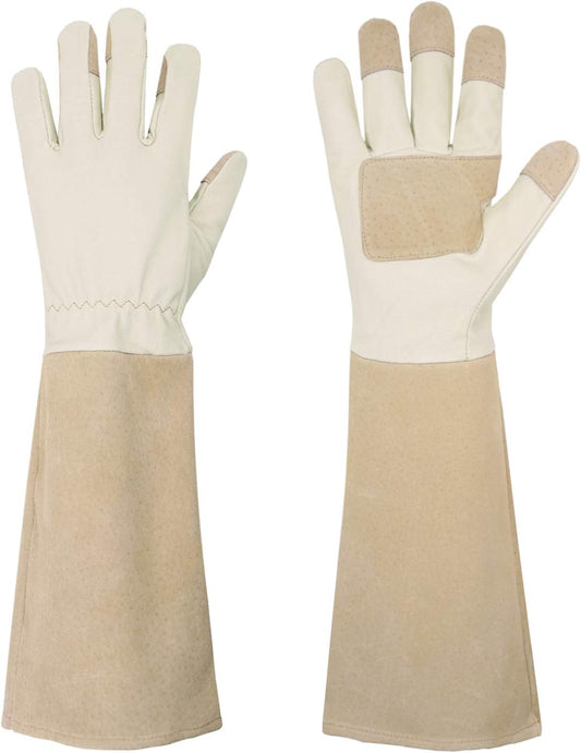 HANDLANDY Pruning Gloves Long for Men & Women, Pigskin Leather Rose Gardening Gloves- Breathable & Durability Gauntlet Glove (Small, Beige)