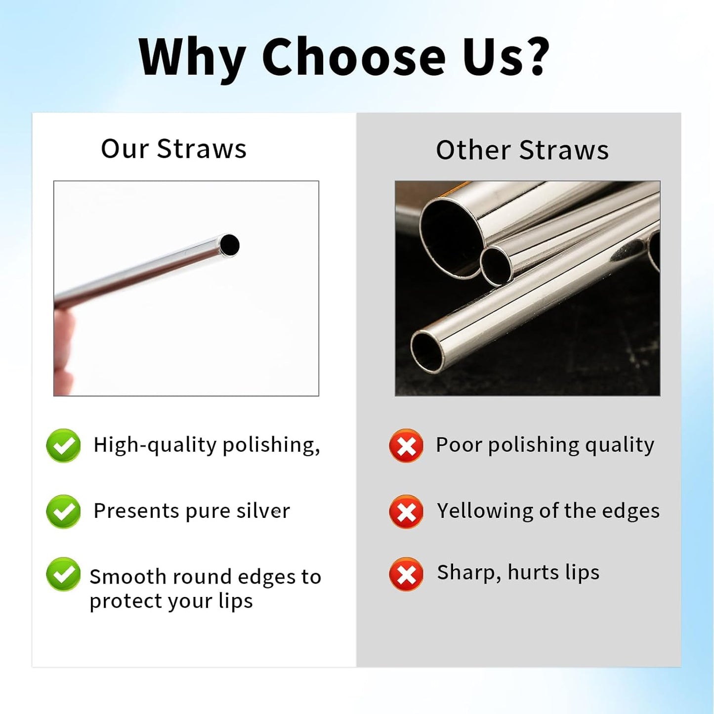 10 Pcs Stainless Steel Straw, Long Metal Straws for 40 Oz Tumbler Comes with Two Cleaning Brushes and A Bag, Reusable Drinking Accessories, Easy to Clean