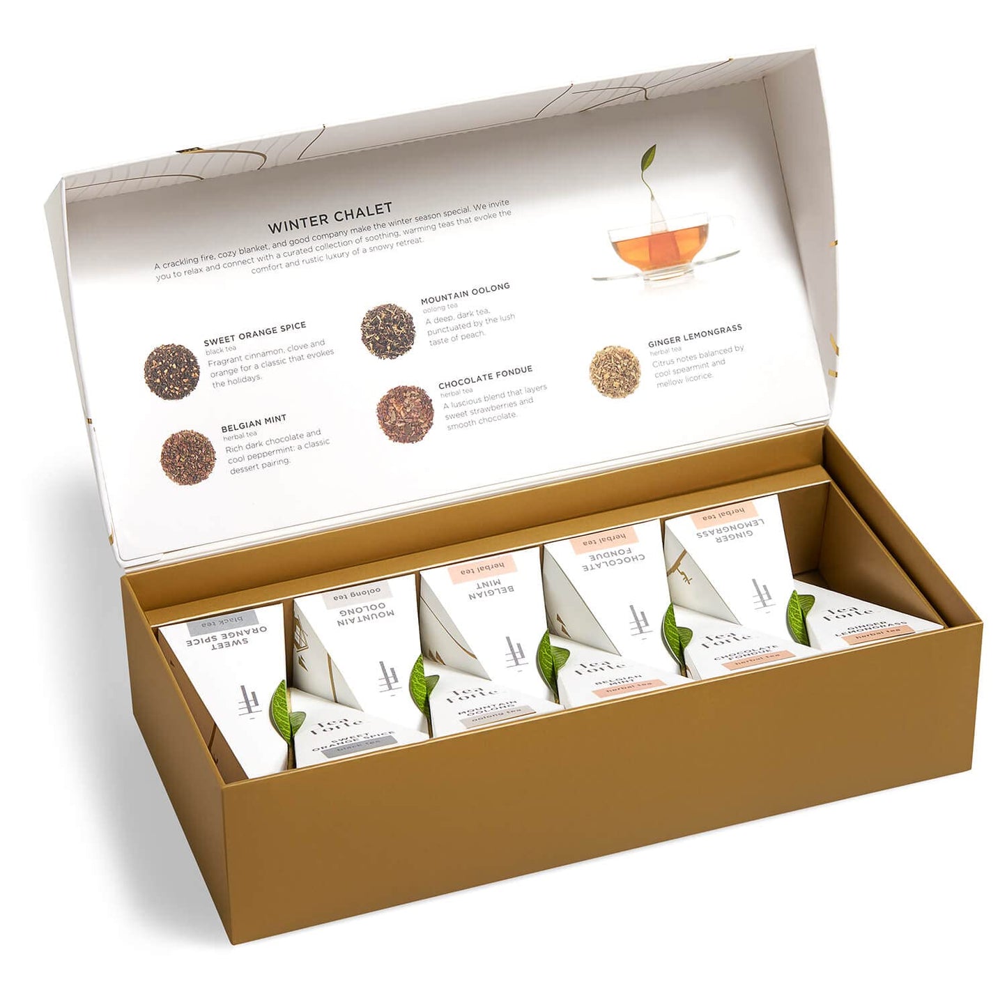 Tea Forte Winter Chalet Petite Presentation Box Tea Gift Set Sampler, 10 Count, 2 of Each Variety Individually Wrapped Handcrafted Pyramid Infuser Bags