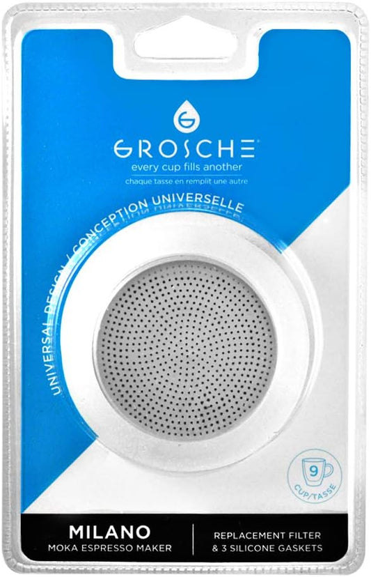 GROSCHE Milano Stovetop Espresso Maker Replacement - 9 Espresso Cup Size Silicone Gasket Seals (3 Seals) & 1 Replacement Filter Screen Kit for Moka Pots