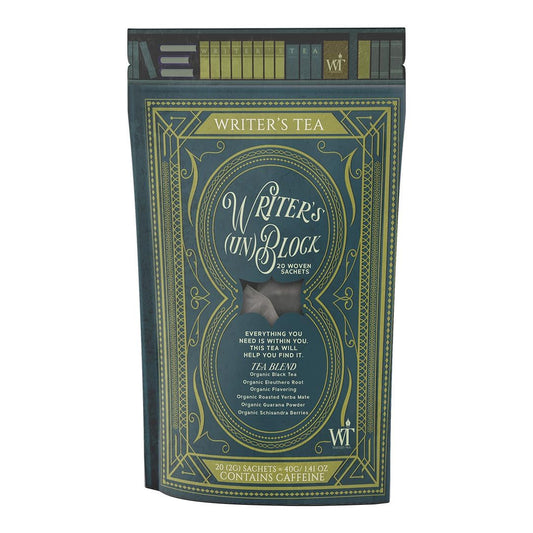 Writer's Tea Writer's (Un) Block - Focus Tea - Black Tea, Eleuthero Root, Flavoring, Roasted Yerba Mate, Guarana Powder, and Schisandra Tea Blend - Contains Caffeine - 20 Woven Sachets