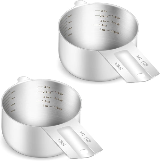 2PCS 1/2Cup (120ml, 4oz) Single Measuring Cup, Etched Inner Scale Stainless Steel Measure Scoop, Metric and US Measurement, Dishwasher Safe