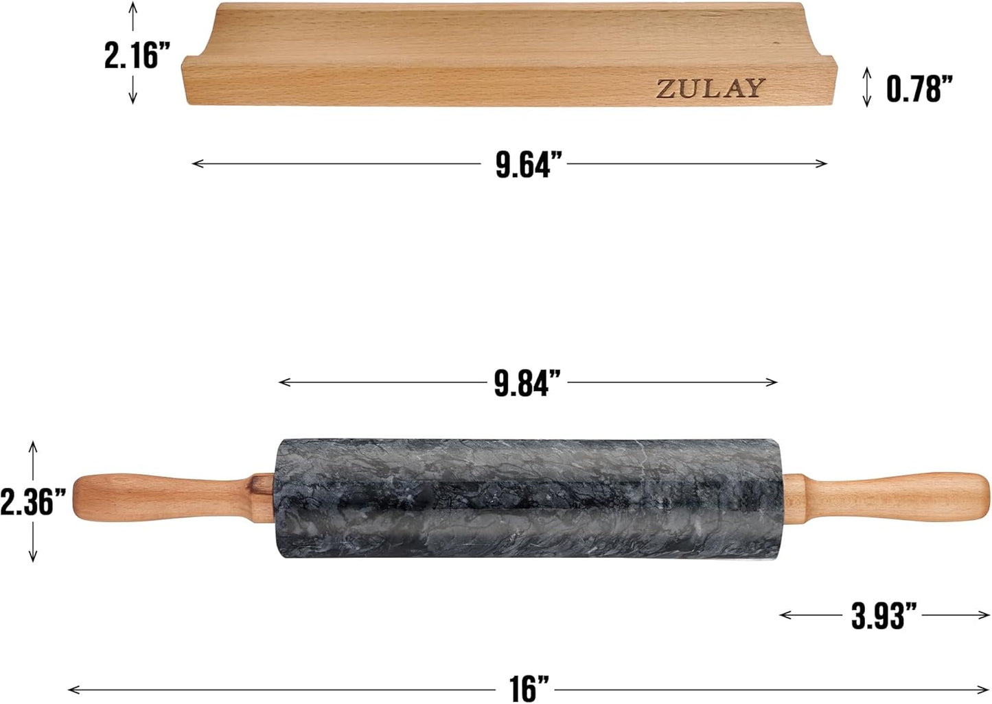 Zulay Kitchen 17-Inch Marble Rolling Pin With Stand - Polished Marble Rolling Pins For Baking - Long Rolling Pin Marble With Beechwood Handle - Non-stick Roller Pin For Baking Pastries, Bread & Pizza