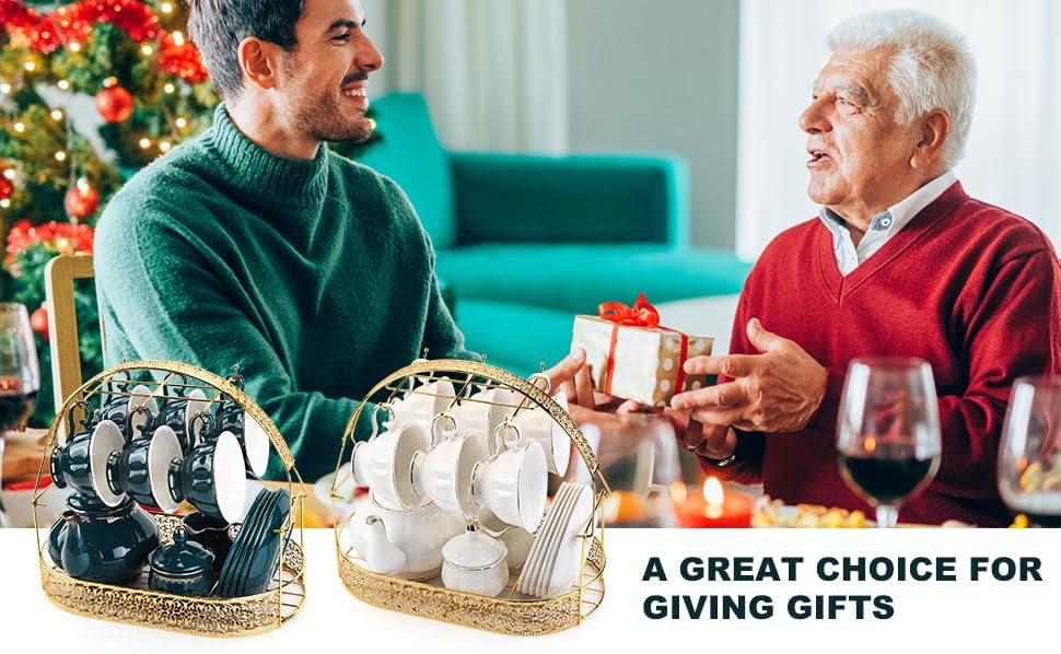 CHENP.HMC Tea Set 22-Piece Porcelain Ceramic Coffee Tea Gift Sets Cups Saucer Service for 6 Teapot Sugar Bowl Creamer Pitcher and Teaspoons (WHITE3)