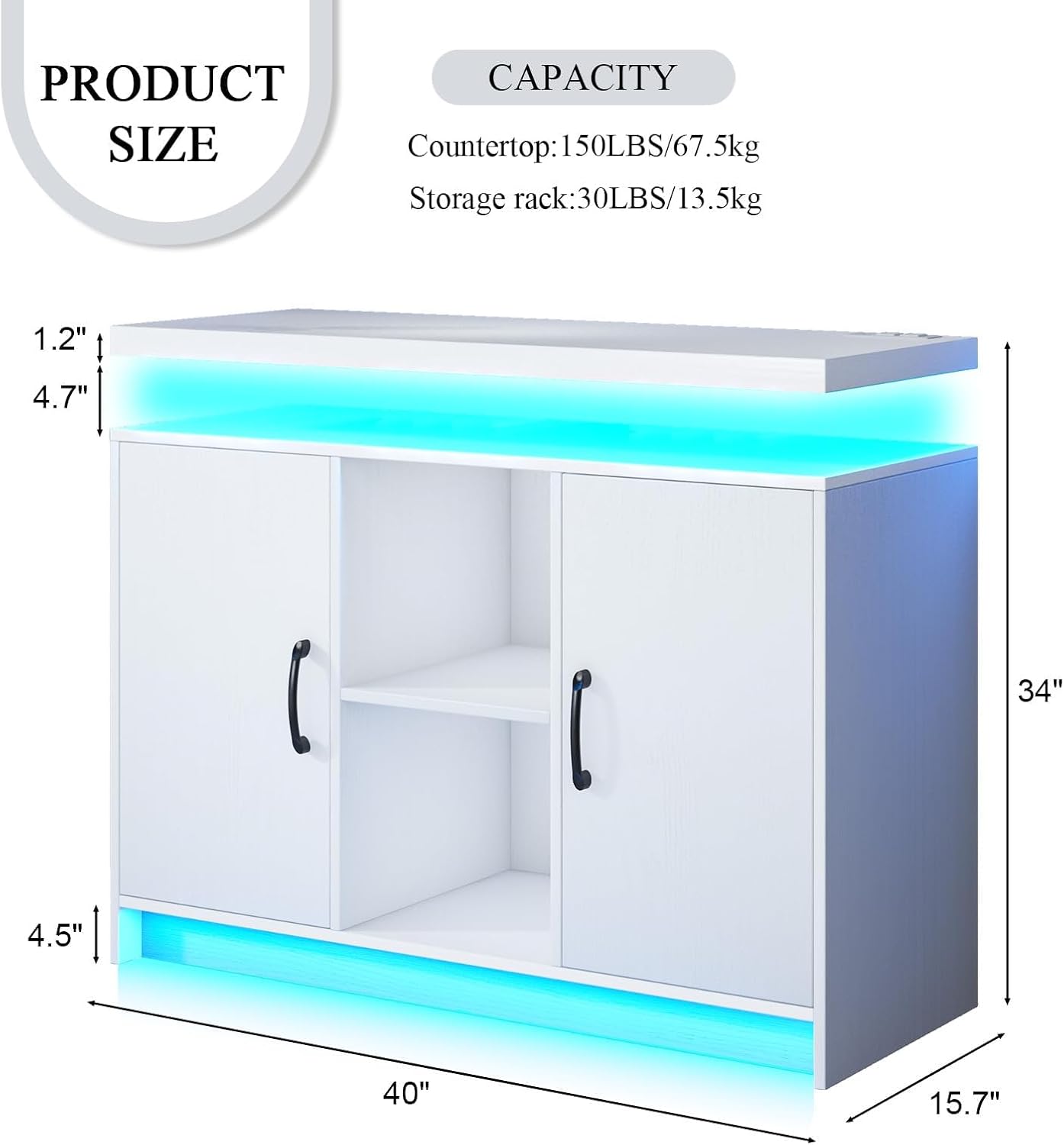 4 EVER WINNER Coffee Bar Cabinet with Led Lights, Buffet Cabinet with Floating Countertop, Modern Sideboard Buffet Cabinet with Charging Station for Living Room, Kitchen, White