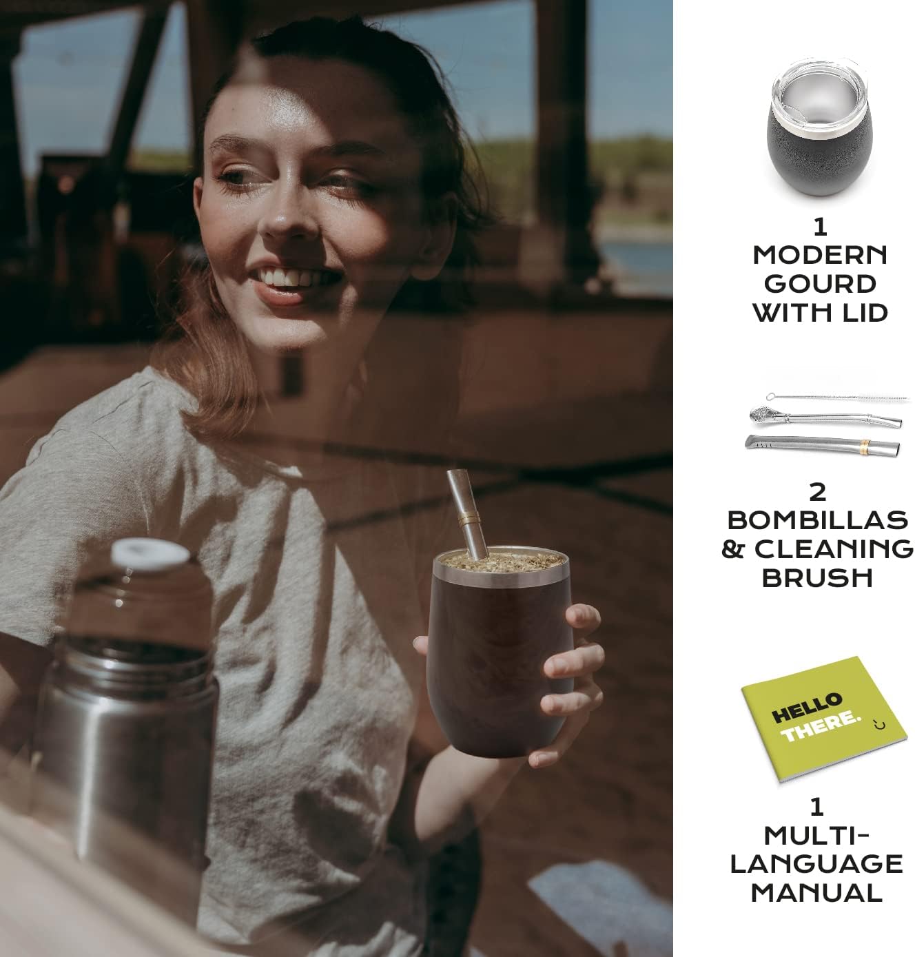 BALIBETOV 5 pcs large Yerba Mate Cup and Bombilla Kit, Includes one 8 oz Yerba Mate Gourd with Lid, Two Bombillas Mate Straw and one cleaning brush (Black, 8.00)