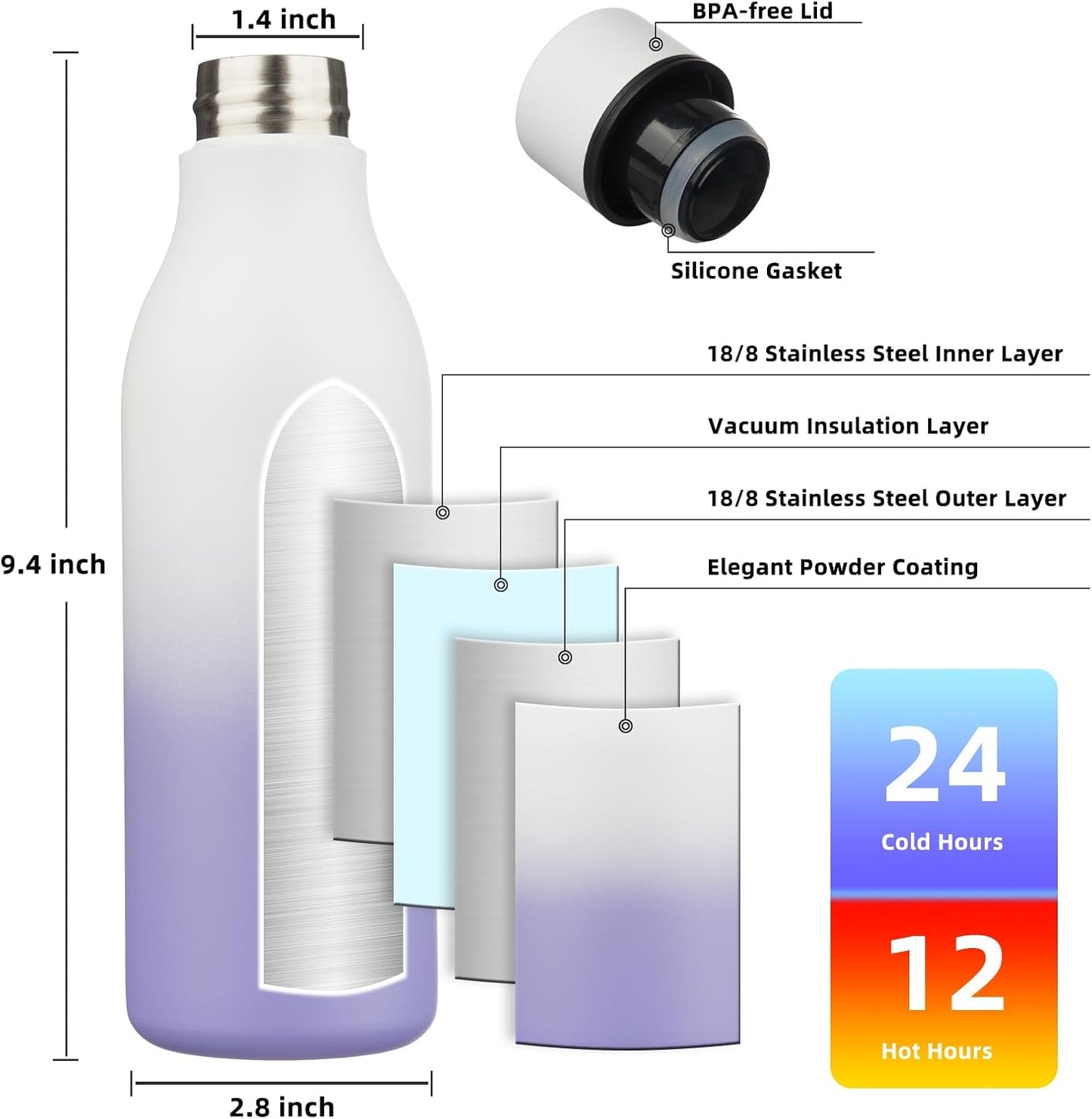 BJPKPK Insulated Water Bottles, 18 oz Stainless Steel Metal Water Bottle with Strap, BPA Free Leak Proof Thermos, Mugs, Flasks, Reusable Water Bottle for Sports & Travel, Lilac Elegance