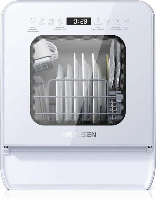 AIRMSEN Portable Countertop Dishwasher with 5L Water Tank, Mini Dishwasher with 14.6” Narrow & 20.1“ Deep Design, 9 Programs, 24H Delay Start & 360° Dual Spray, No Hookup Needed, C01, White