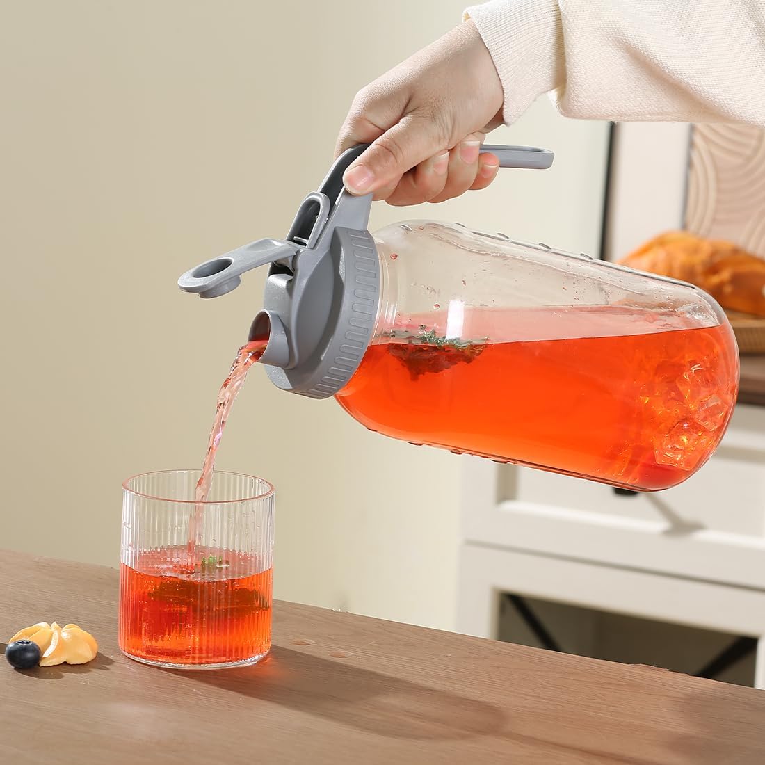 Glass Tea Pitcher with Wide Mouth Airtight Lid Leak Proof Fridge Container with Gray Lid Mason Jar for Water, Tea,Juice and Drinks (2 Pack-64OZ)