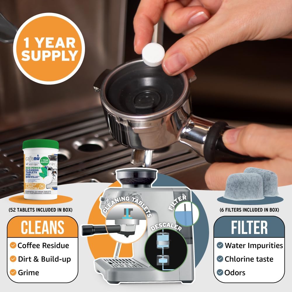 Caffenu Breville Compatible Cleaning Tablets & Water Filter. 52 Espresso Machine Cleaning Tablets & 6 Breville Filters for Espresso Machine. Removes Build-up & Filters Water Impurities. Years Supply.