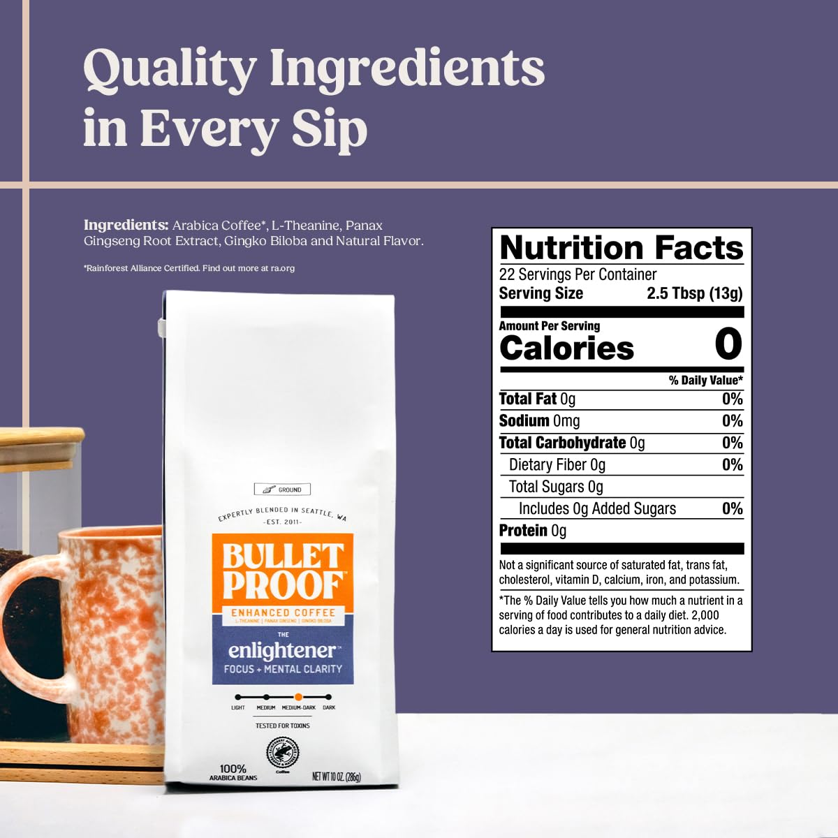 Bulletproof The Enlightener Ground Coffee, 10 Ounces, Medium-Dark Roast Enhanced Coffee with L-Theanine, Panax Ginseng and Gingko Biloba, Supports Mental Clarity, Focus, and Memory