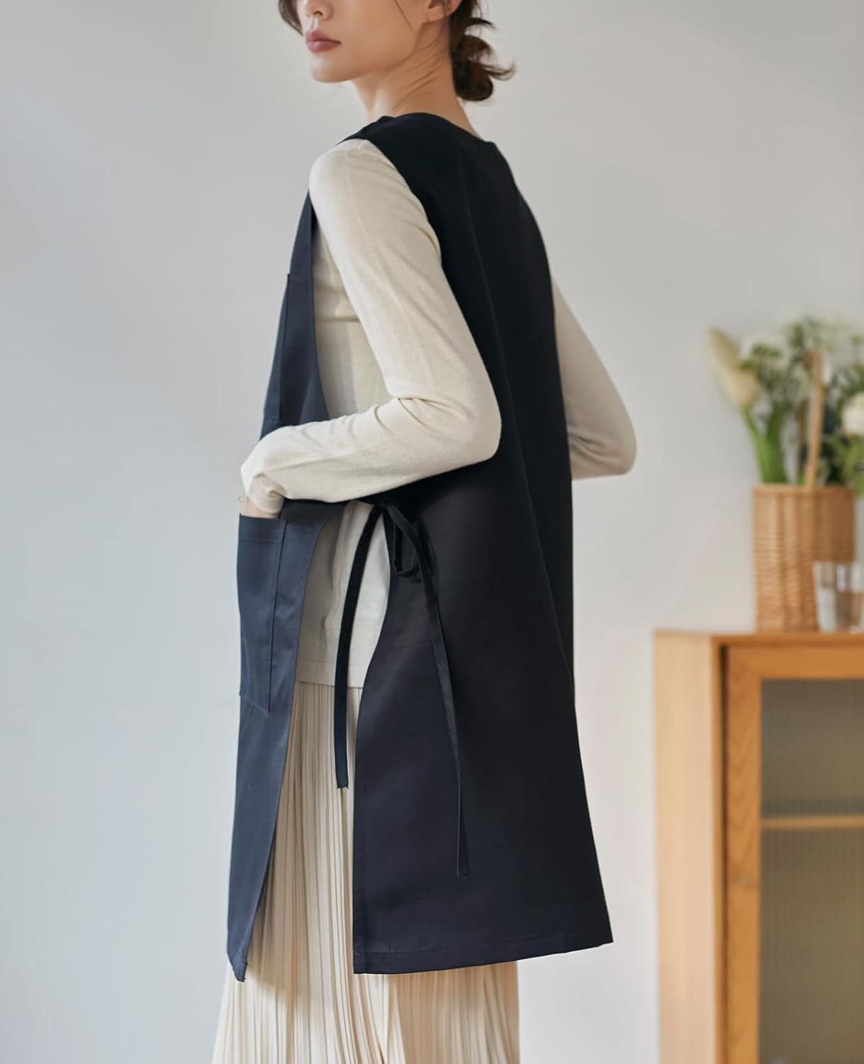 Women Cobbler Apron Japanese Style Aprons with 3 Pockets for Work Chef Kitchen