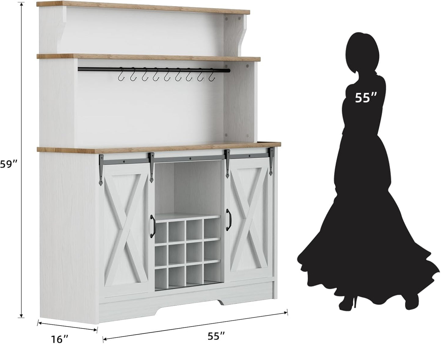55'' Farmhouse Coffee Bar Cabinet with 3 Tier Storage Hutch, Coffee Bar Station with Sliding Barn Door, Hutch Storage Cabinet with 12 Wine Racks & 9 Hooks for Kitchen Dining Living Room