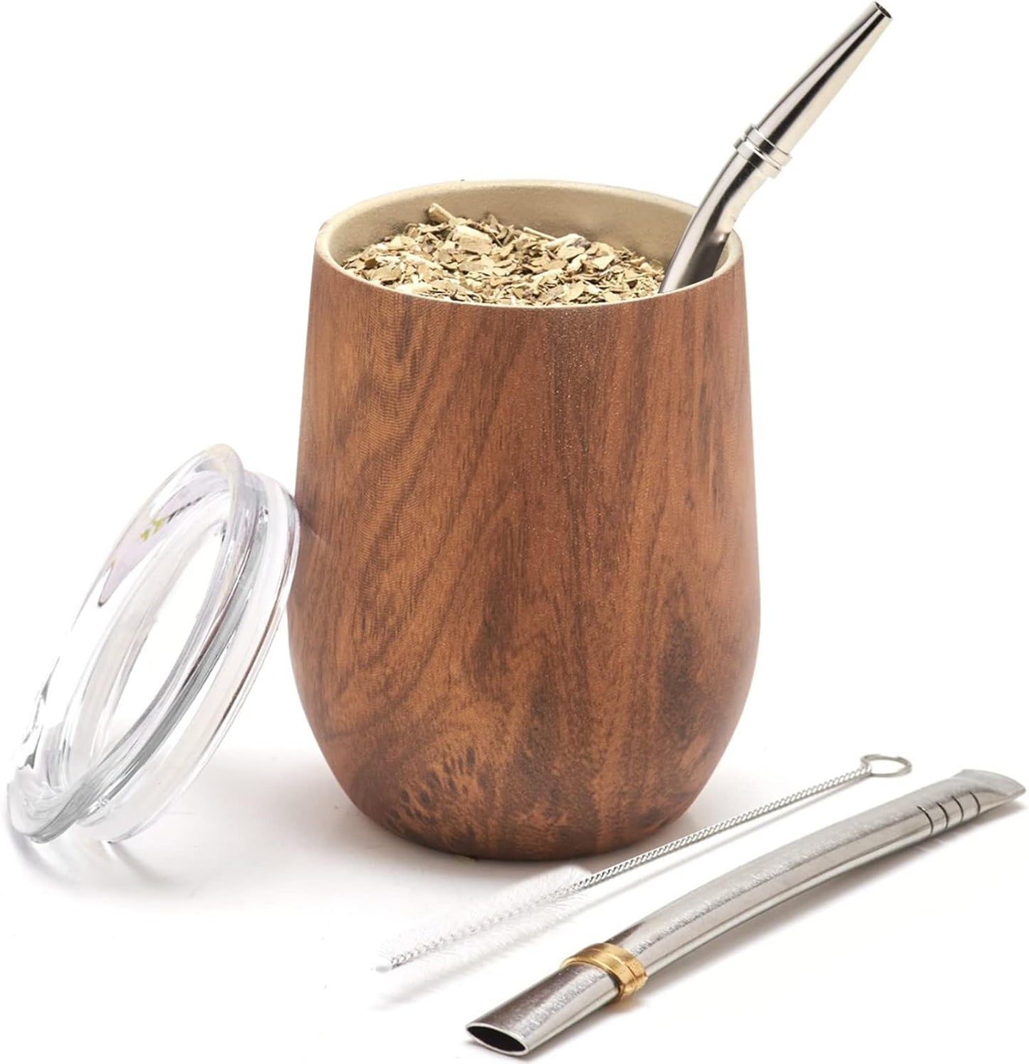 BALIBETOV 5 pcs large Yerba Mate Cup and Bombilla Kit, Includes one 8 oz Yerba Mate Gourd with Lid, Two Bombillas Mate Straw and one cleaning brush (Wood, 8.00)