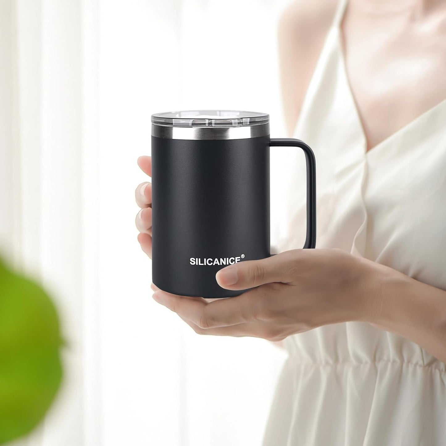 14 oz Stainless Steel Vacuum Insulated Tumbler with handle & MacSlider Lid, Dishwasher Safe & Spill Proof Coffee Cup, Travel Mug for Hot/Cold Drinks, Durable Design - Black