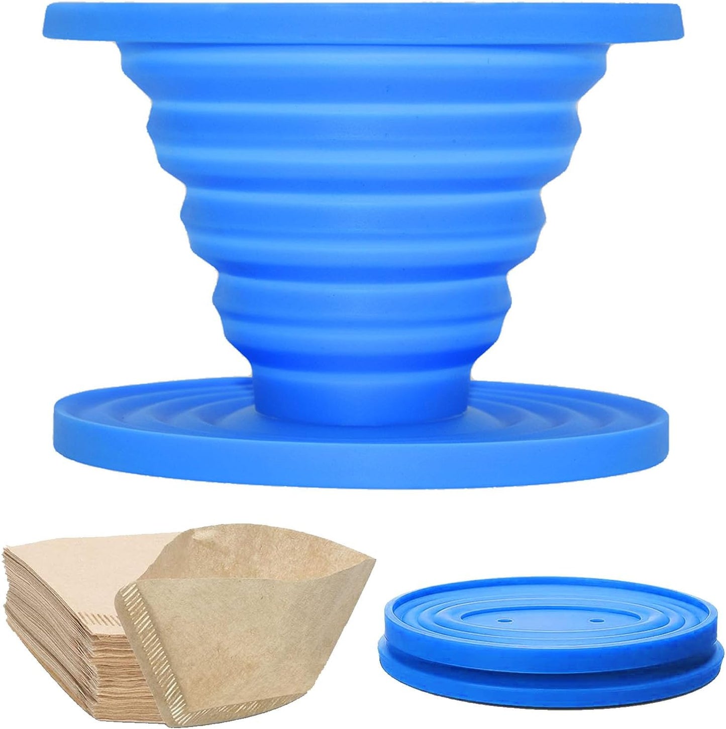 Collapsible Pour Over Coffee Dripper Set - Silicone Reusable Cone Filter Holders with 100Pcs Paper Filters - For Home, Camping, Travel, Office (1, Blue)