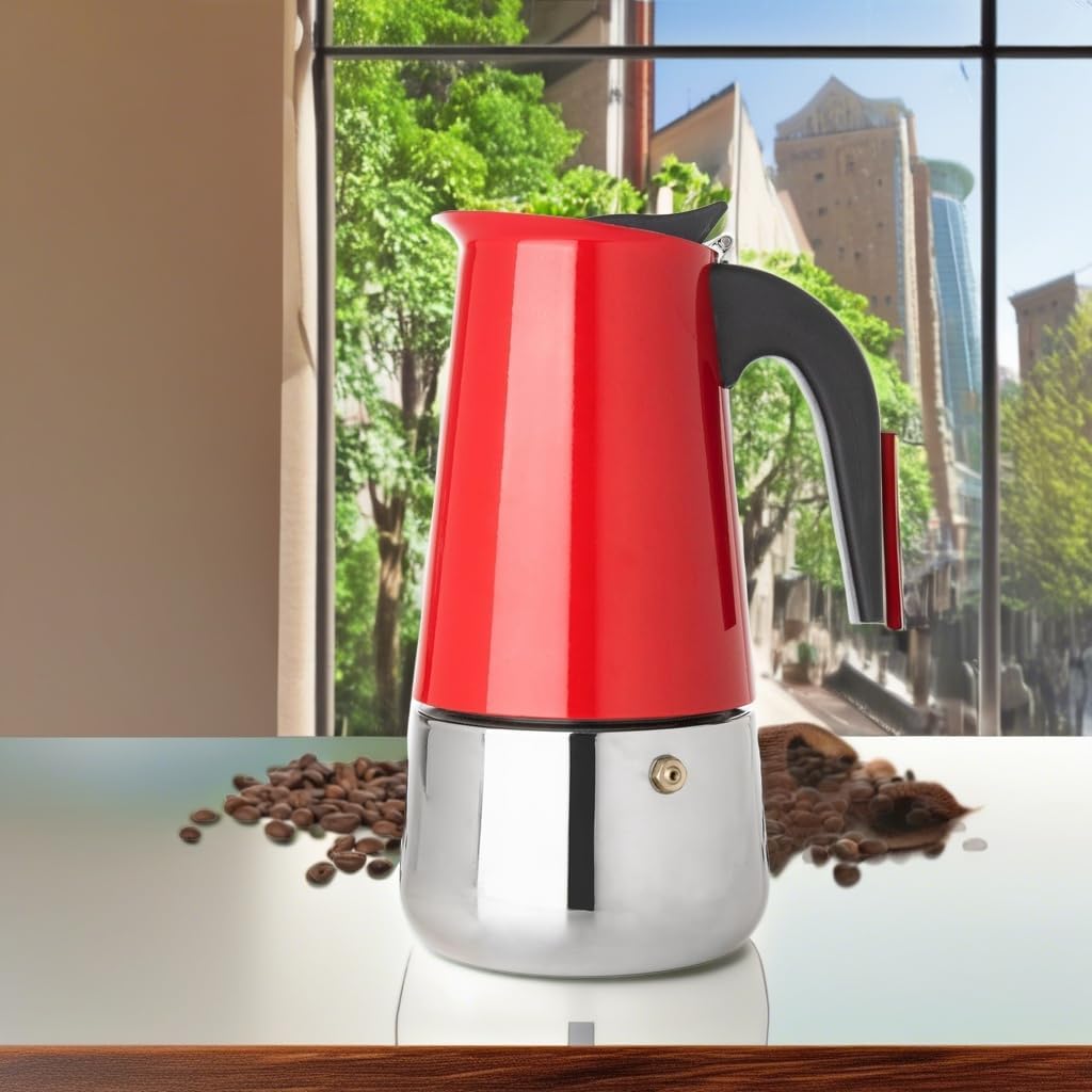 Mixpresso Red 9 Cup Greca Stovetop Espresso Pot 450ml/15oz, Moka Pot with Coffee Percolator Design, Stainless Steel Stove Top Coffee Maker for Camping or Home Use,Italian Stovetop Espresso Maker