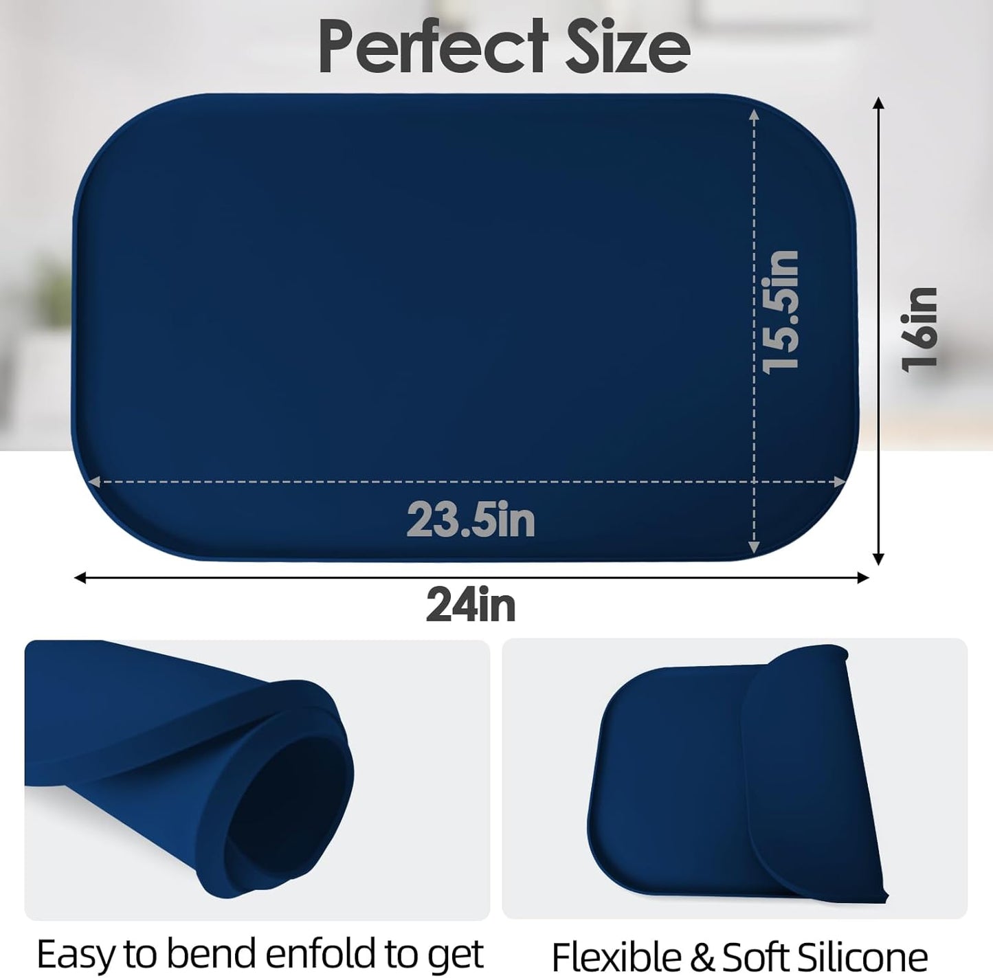 Silicone Coffee Maker Mat with Lip, 24'' x 16'' Heavy Duty Coffee Maker Mat for Countertops, Coffee Tray Fit Under Coffee Machine Appliance Automatic Machines Espresso Accessory, Navy Blue