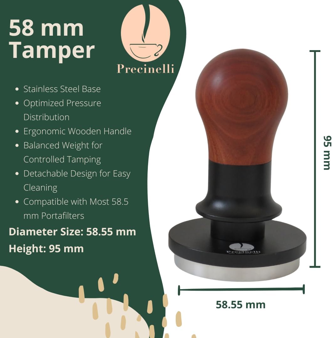 58mm Coffee Tamper, Stainless Steel Base, Wooden Handle – Professional Espresso Tool for Uniform Compression & Better Espresso Quality