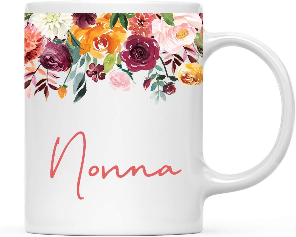 Andaz Press 11oz. Mother's Day Ceramic Coffee Tea Mug Gift, Fall Autumn Burgundy Orange Peach Flowers Roses Florals, Nonna, 1-Pack, Includes Gift Box, Birthday Christmas Gift Ideas