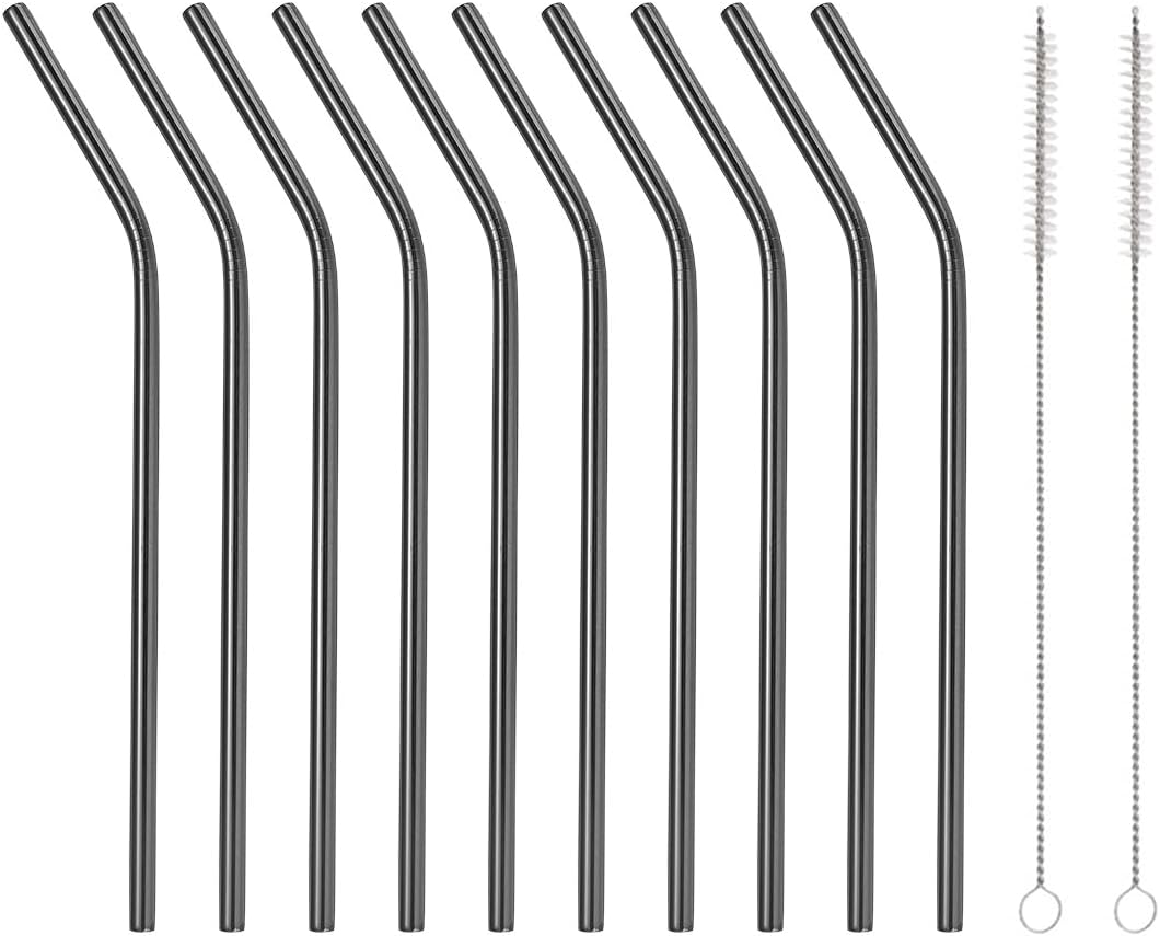 10 Pcs Stainless Steel Straws, Reusable Drinking Straws, Bent Metal Straw Sets with 2 Pcs Cleaning Brushes (Black, 10.5 Inch)