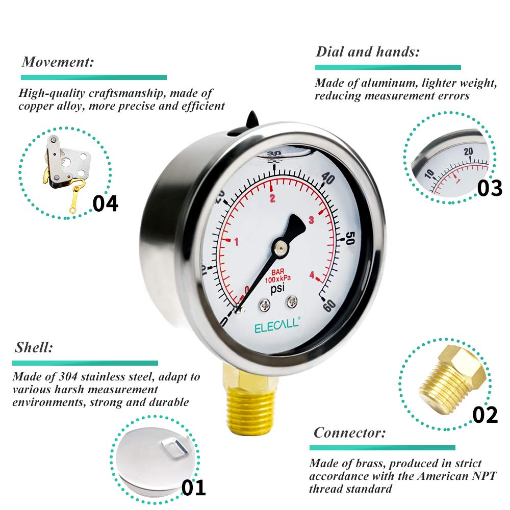 ELECALL 2-1/2" Glycerin Liquid Filled Air Pressure Gauge, 0-60Psi, 1/4”NPT Lower Mount, Stainless Steel Case, Brass Internals, Water Pressure Gauge