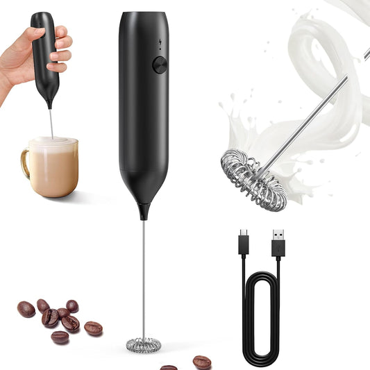 CIRCLE JOY Rechargeable Milk Frother Handheld, Coffee Frother Wand Drink Mixer with Stainless Steel Whisk for Coffee, Cappuccino, Lattes, Frappe, Matcha and Hot Chocolate, Black