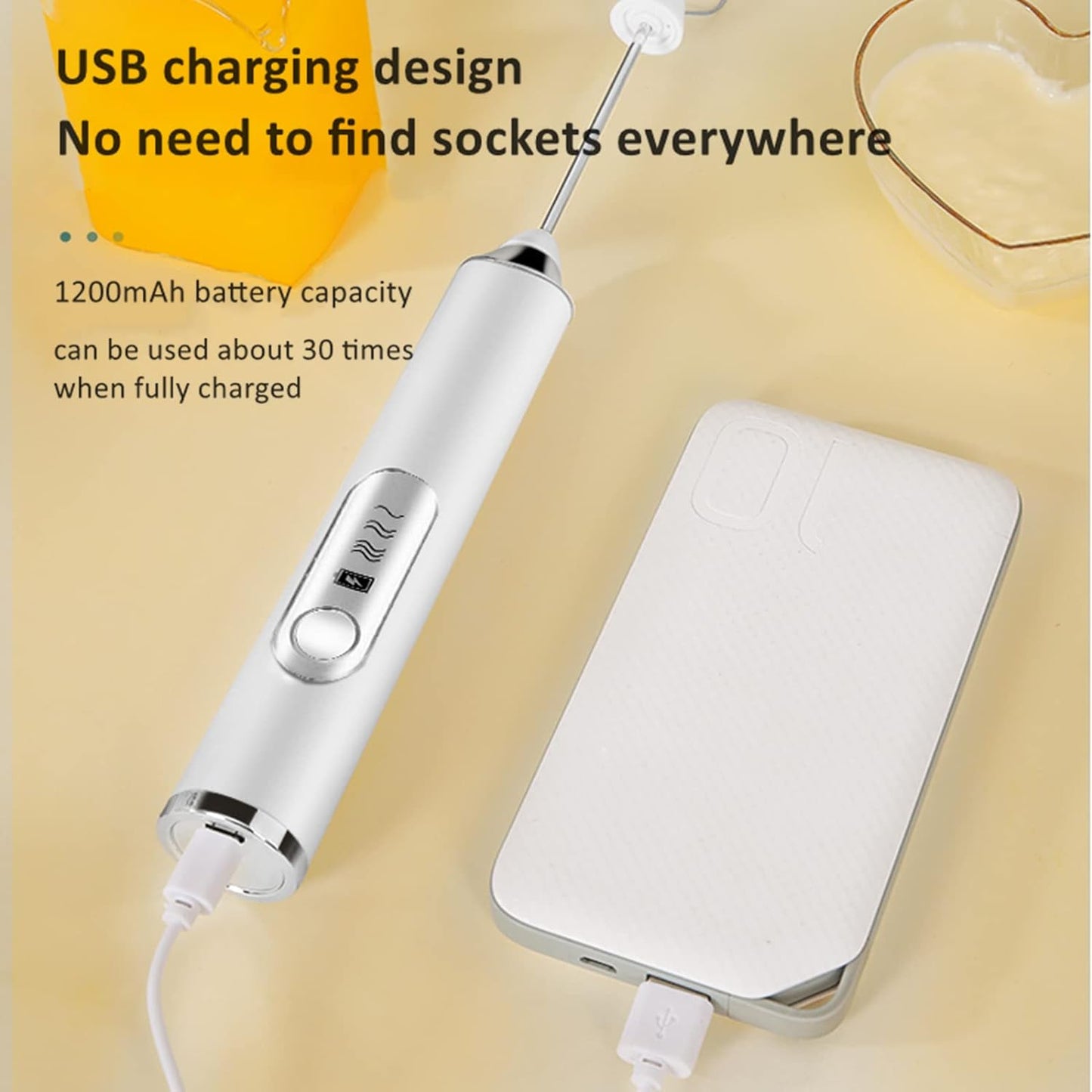 Rechargeable Milk Frother, 3-Speed Electric Handheld Frother with 2 Whisks and Coffee Decoration Tool, Stand-up Design, for Cream, Latte, Cappuccino (Black)