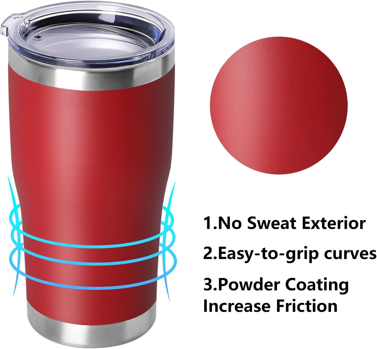 DOMICARE 20oz Tumbler with Lid Stainless Steel Tumblers Bulk, Double Wall Vacuum Insulated Coffee Travel Mug Powder Coated Tumbler, Red