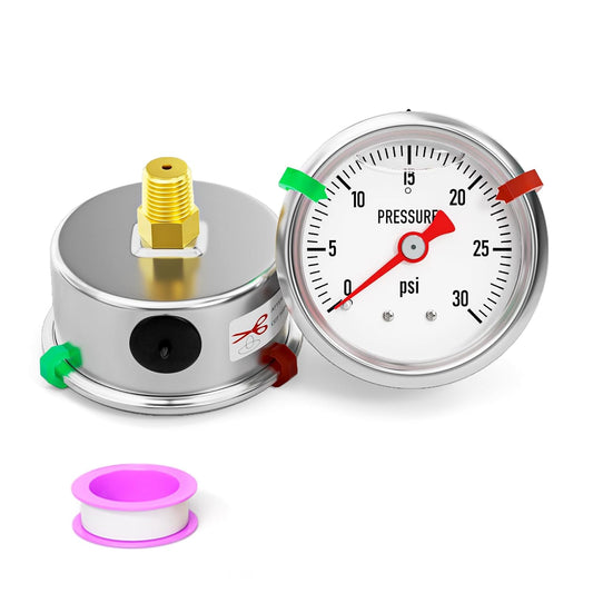 0-30psi Stainless Steel Glycerin Liquid Filled Pressure Gauge 1/8" NPT 1.5" Face Dial, Center Back Mount, for Water, Oil and Air Pressure Testing (with Range Mark Pointer)