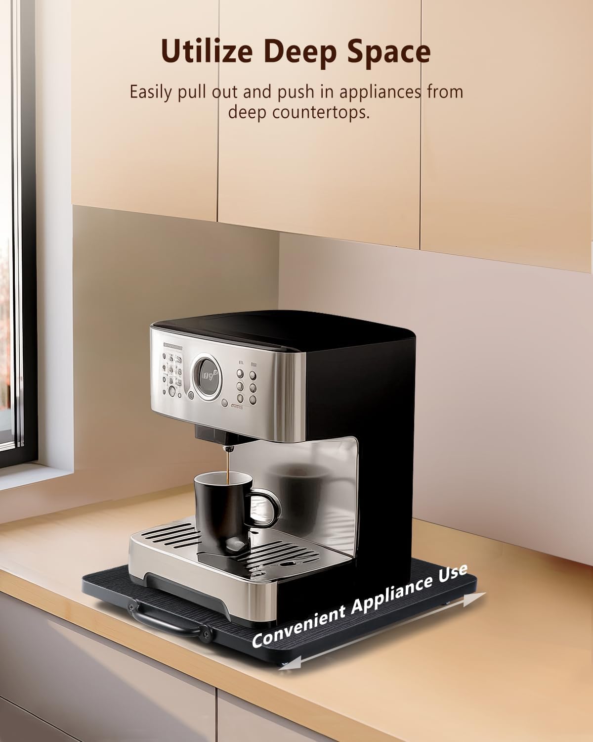 Appliance Slider, Sliding Tray for Coffee Maker, Coffee Pot Slider for Countertop, Kitchen Appliance Rolling Tray with Rubber Wheels,Large - Long, Black(12.5” x 16”)