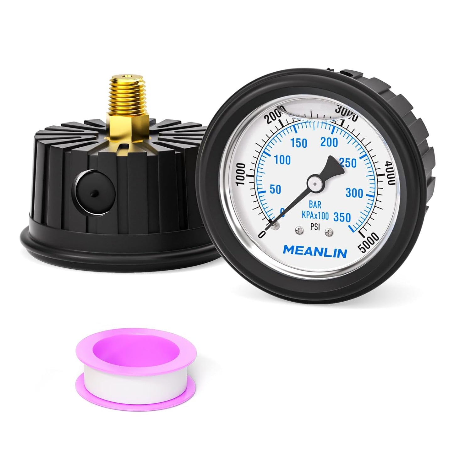 MEANLIN MEASURE 0~5000Psi Stainless Steel Liquid Filled Pressure Gauge 1/4" NPT 2.5" FACE DIAL with Rubber Protective Sleeve, Center Back Mount