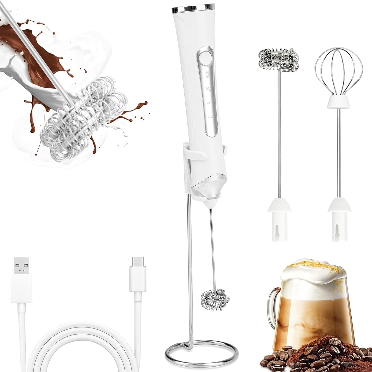 TonJin Milk Frother USB C Rechargeable New Upgraded Handheld Frother Wand with 2 304 Stainless Whisks 1 Stand, 3 Speeds Electric Coffee Whisk Frother for Lattes, Cappuccino, Egg, Matcha, White