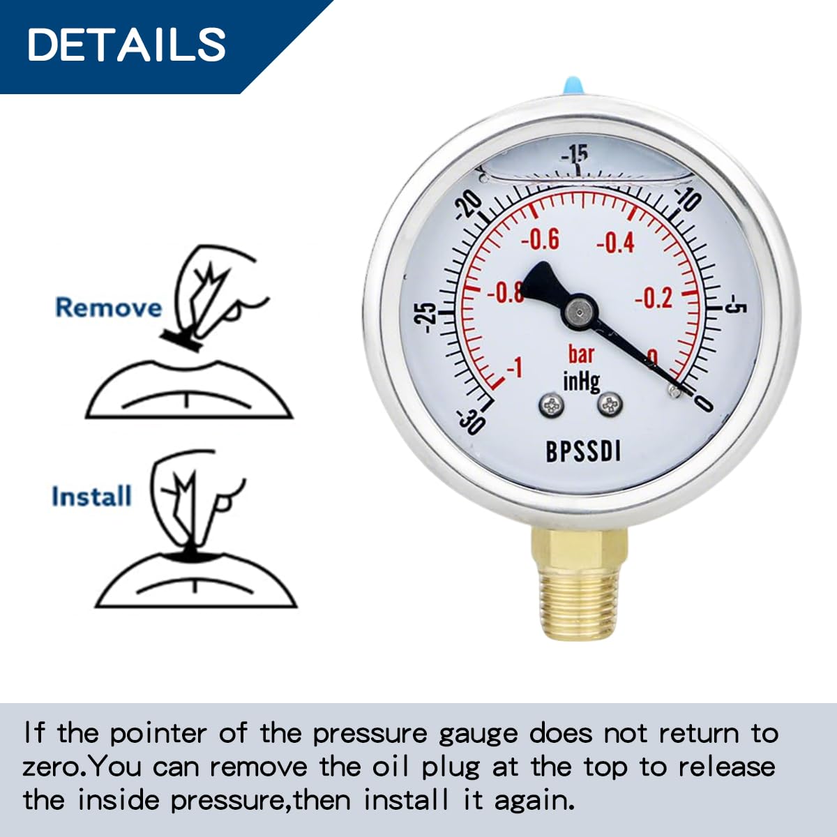 30 inHg Vacuum Silicone Oil Liquid Filled Low Pressure Gauge, 2.5" Dial Size, 1/4" NPT Lower Mount, 304 Stainless Steel Case, for Water Pipe, HVAC, Water Oil Air Pressure Test
