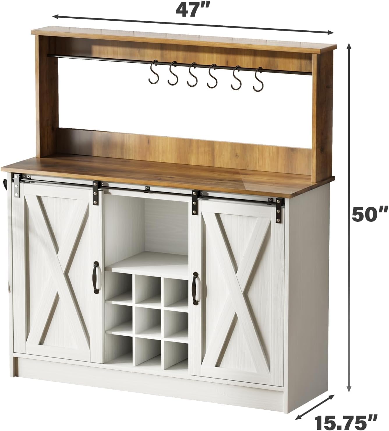 4ever2buy Farmhouse Coffee Bar Cabinet with 6 Hooks, 47'' Kitchen Coffee Bar with Hutch and 9 Wine Racks, White Sideboard Buffet with Sliding Barn Door for Dining Living Room