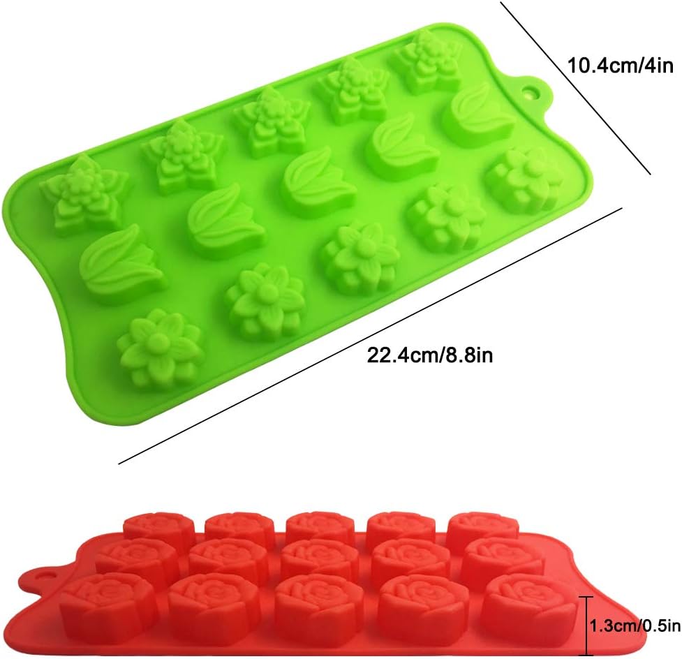 4 PACK Flower Shape Chocolate Candy Molds Set,DanziX Silicone 15 Cavity Baking Mold Ice Cube Tray for Wedding,Festival,Parties and DIY Crafts-Green,Blue,Red and Purple