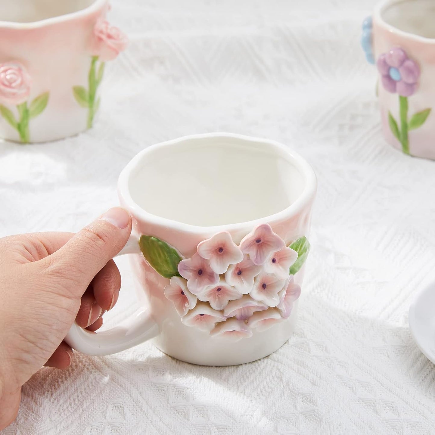 3D Flower Coffee Mug Pink Hydrangea Ceramic Cup,12 oz Cute Handmade Mugs,Christmas Birthday Surprise for Friends Family or Flower Lovers (Pink Hydrangea)